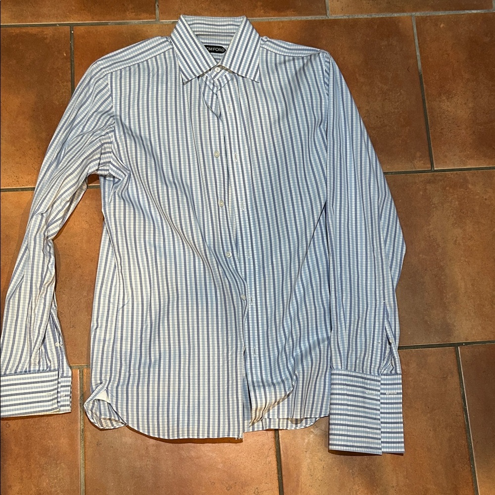 Tom Ford Men's Blue and White Striped Dress Shirt